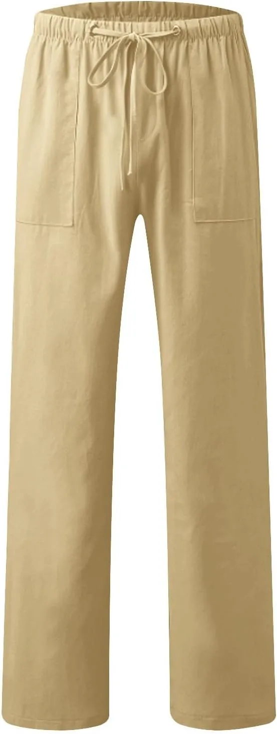 Xiaojmake Mens Cropped Elastic Waist Linen Pants Comfy Drawstring Slim with Pockets Daily Capris Pant Fashion Crop Trousers