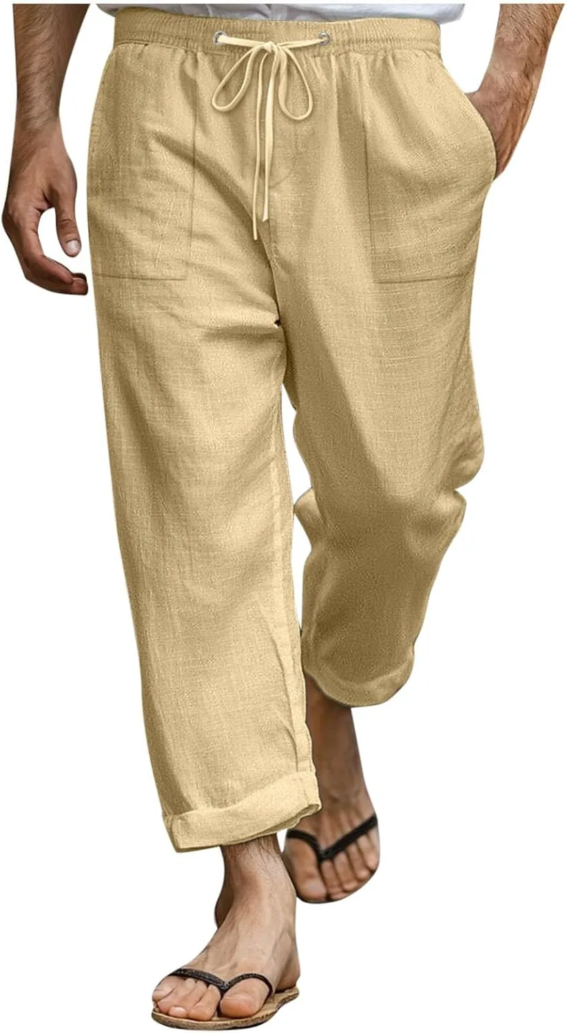 Xiaojmake Mens Cropped Elastic Waist Linen Pants Comfy Drawstring Slim with Pockets Daily Capris Pant Fashion Crop Trousers